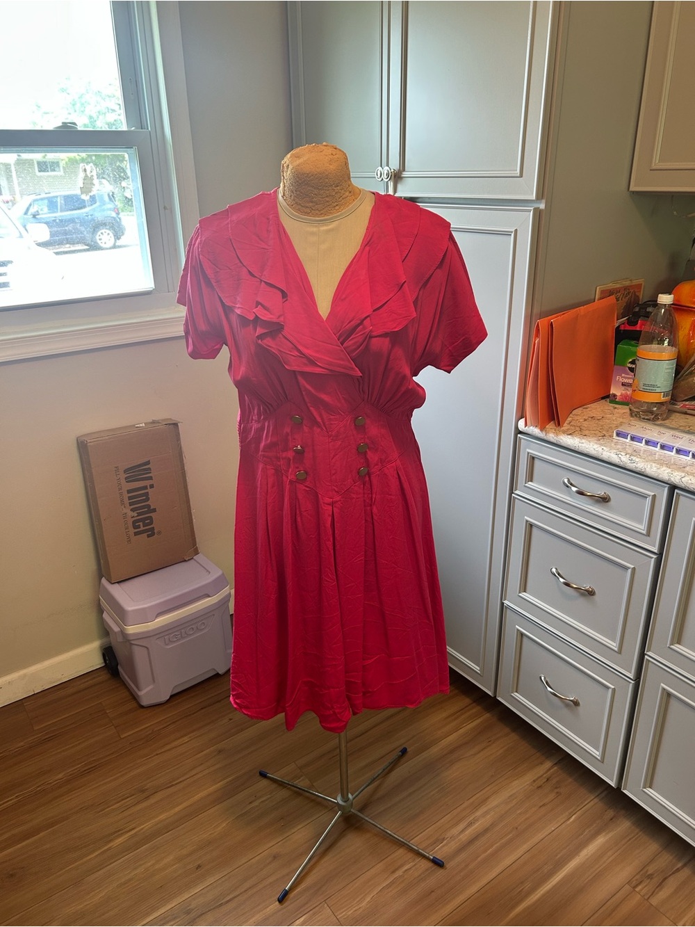 Vintage 80s Hot Pink Ruffle-Trim Fit & Flare Dress Size 10
